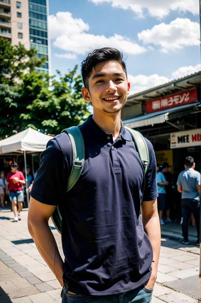 Tony Labrusca, Young man in a navy blue polo shirt Standing at the edge of the market with a smile on his face, looking into the distance Turn your head slightly.，Cloudy day, (Backpack:1.2)
