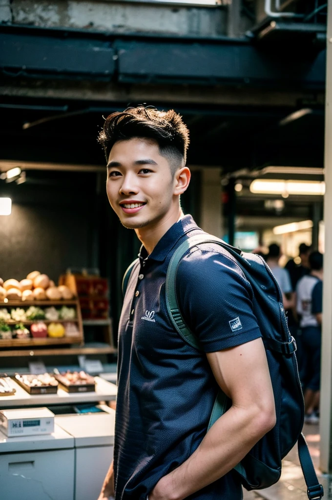 Tony Labrusca, Young man in a navy blue polo shirt Standing at the edge of the market with a smile on his face, looking into the distance Turn your head slightly.,Cloudy day, (Backpack:1.2)
