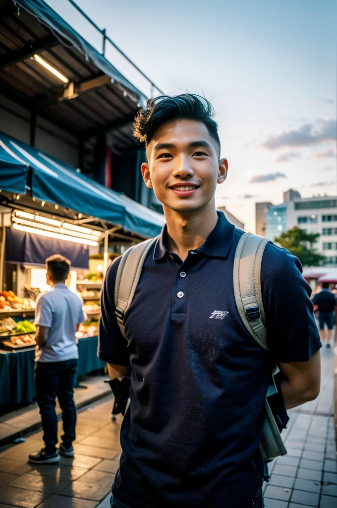 Tony Labrusca, Young man in a navy blue polo shirt Standing at the edge of the market with a smile on his face, looking into the distance Turn your head slightly.,Cloudy day, (Backpack:1.2)