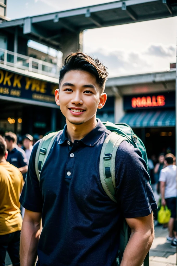 Tony Labrusca, Young man in a navy blue polo shirt Standing at the edge of the market with a smile on his face, looking into the distance Turn your head slightly.,Cloudy day, (Backpack:1.2)