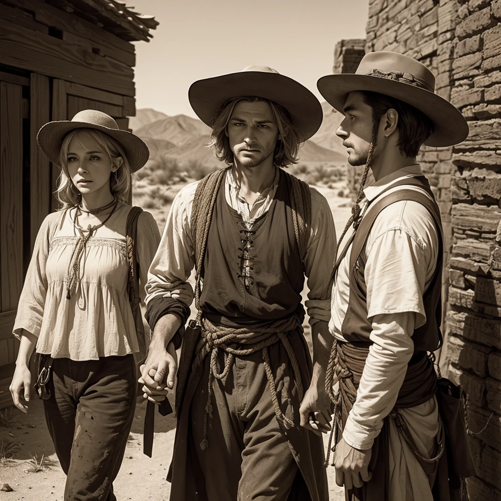 High quality, 8K Ultra HD, (((ink and wash painting))), (sepia-toned), The story takes place in the American frontier era, female elf gunman and a male thief are walking in the desert. The man is a thief and his hands are tied. The elf is holding the man with one end of a short rope to prevent him from running away. ((short rope)), and are complemented by Rembrandt van Rijn's play of light and shadow. mysterious depth,