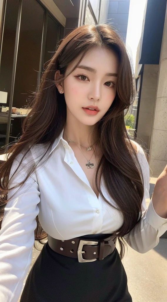 (Best quality, High resolution, Masterpiece :1.3), A tall and pretty woman, Slender abs, Dark brown hair styled in loose waves, Breasts, Wearing pendant, White button up shirt, Belt, Black skirt, (Modern architecture in background), Details exquisitely rendered in the face and skin texture, Detailed eyes, Double eyelid taking selfie with iphone