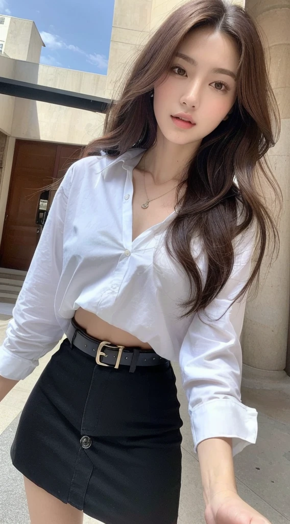 (Best quality, High resolution, Masterpiece :1.3), A tall and pretty woman, Slender abs, Dark brown hair styled in loose waves, Breasts, Wearing pendant, White button up shirt, Belt, Black skirt, (Modern architecture in background), Details exquisitely rendered in the face and skin texture, Detailed eyes, Double eyelid taking selfie with iphone