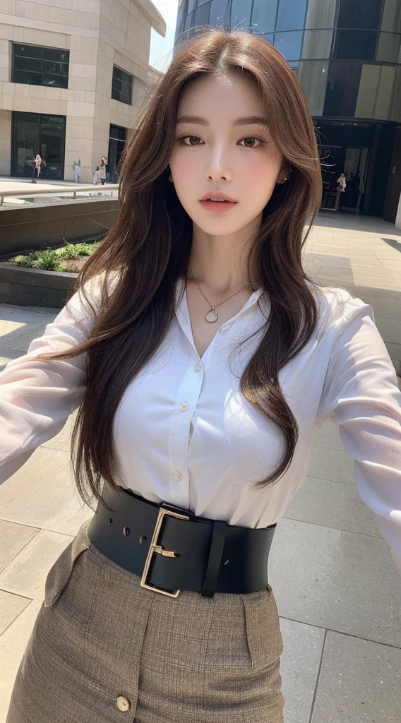 (Best quality, High resolution, Masterpiece :1.3), A tall and pretty woman, Slender abs, Dark brown hair styled in loose waves, Breasts, Wearing pendant, White button up shirt, Belt, Black skirt, (Modern architecture in background), Details exquisitely rendered in the face and skin texture, Detailed eyes, Double eyelid taking selfie with iphone 