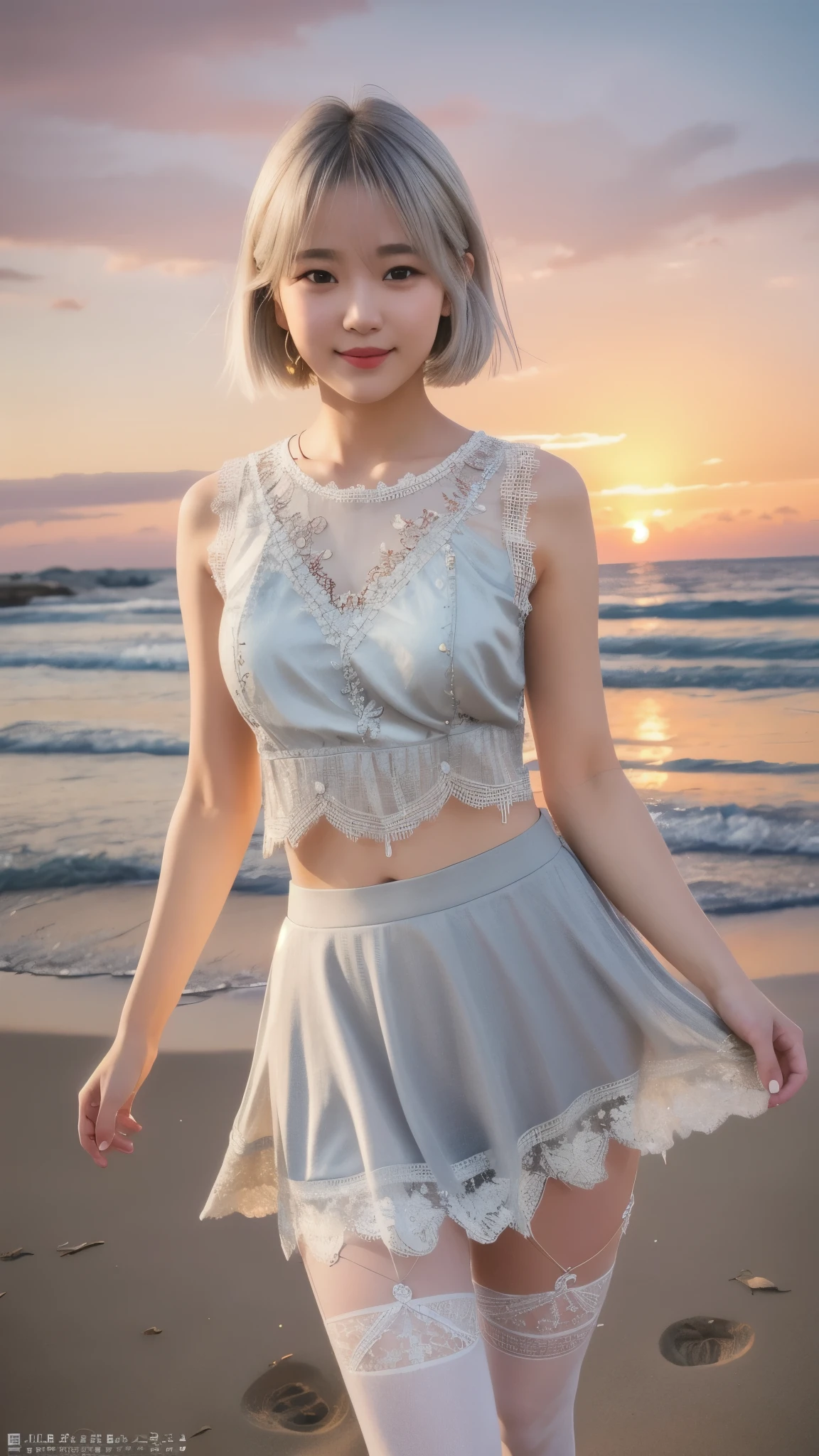 (8K, Photorealistic, Raw photo, Highest quality: 1.4),Japanese idol-style beautiful girl,1 person,18-year-old,(Short Bob),(Silver Hair :1.2),She has her hair tucked behind her ears,My hair is blowing in the strong wind,Clear grey eyes,Long eyelashes,(piercings(small)),(Lip gloss),lips(Plump,glossy),thin long neck,(camisole),(flare skirt(Layered lace)),tights(Mesh),barefoot,(Sleeveless jacket((Lace embroidery),(Mesh))Layering),Holding pumps in both hands,Evening seaside,White sand beach,The background is the sun setting on the horizon,Date with boyfriend,Smiling at the camera,Knee shot snap