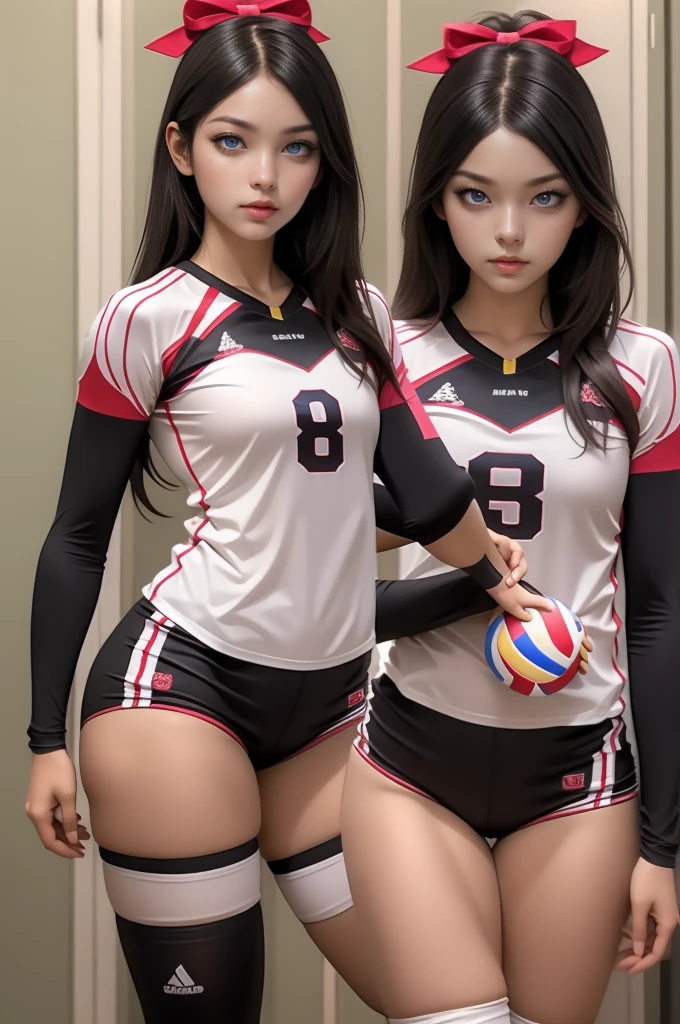 masterpiece, high res, 4k, (perfect anatomy:1.5), perfect long legs, perfect arms, Volleyball girl, volleyball outfit, tight shorts, thin build, medium breasts, cute face, rose cheeks, long black hair, brown eyes, ribbons and bows in hair, sexy pose, stockings, sexy body