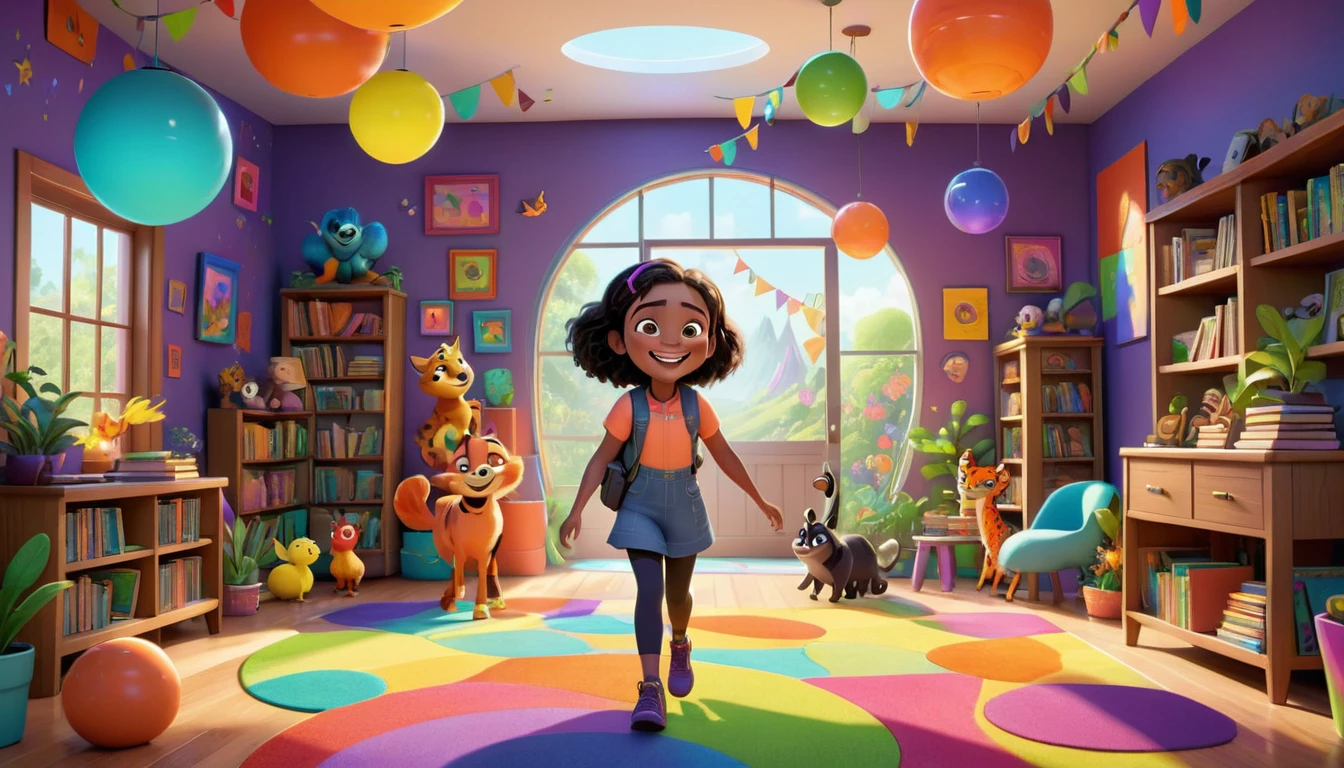 A colorful, animated scene in a 3-D Pixar style featuring a cheerful Black named Arya, welcoming viewers to her happy place. Arya is standing in a vibrant, fun-filled space with bright colors, playful animals, smiling children, and various learning elements like books, shapes, and nature around her. The atmosphere is joyful and inviting, with big smiles and an overall sense of excitement and happiness.