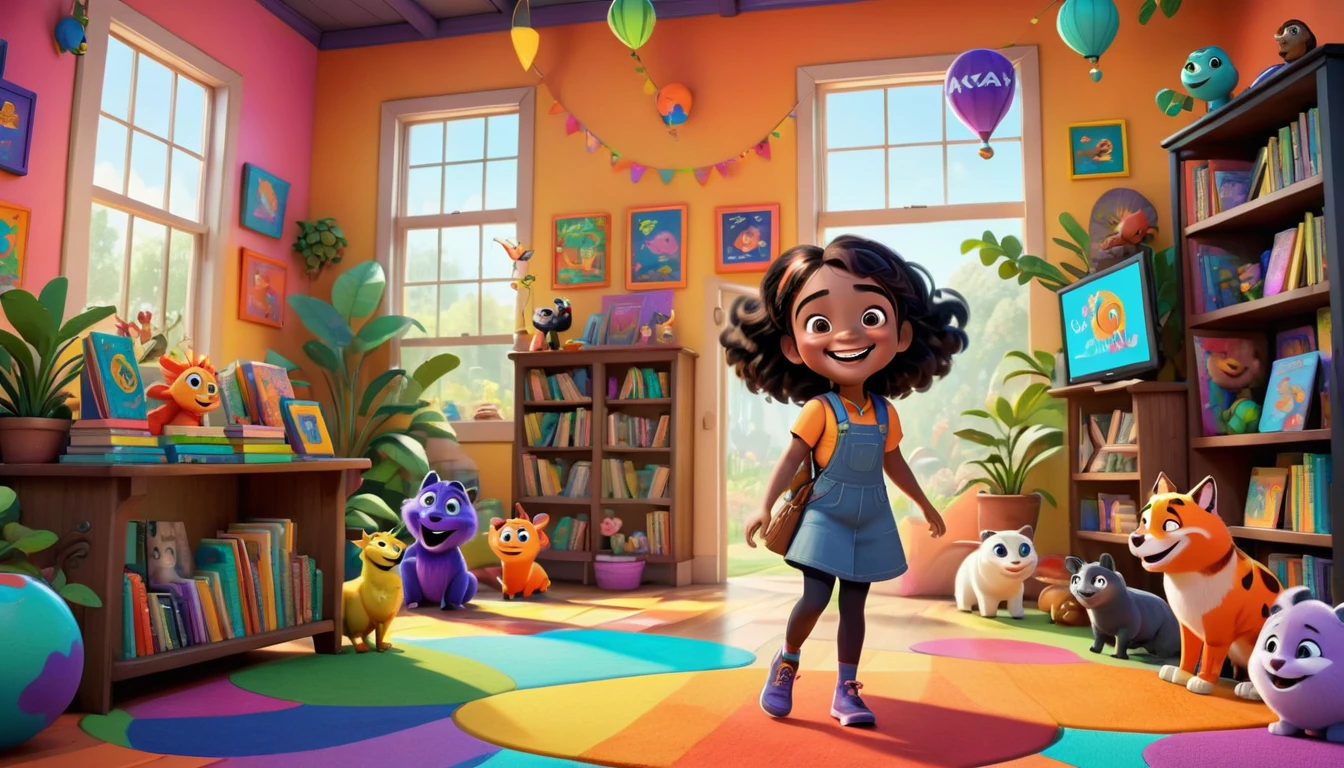 A colorful, animated scene in a 3-D Pixar style featuring a cheerful Black  named Arya, welcoming viewers to her happy place. Arya is standing in a vibrant, fun-filled space with bright colors, playful animals, smiling children, and various learning elements like books, shapes, and nature around her. The atmosphere is joyful and inviting, with big smiles and an overall sense of excitement and happiness.