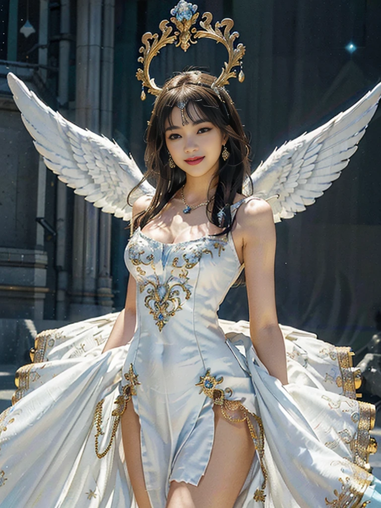 ((Very beautiful angel queen,The final form as a perfect angel, the masterpiece of an angel,Huge and intricate angel wings,The most dignified wings,Golden light,shining background,The most opulent and holy temple background,White and gold temple background,King of Angels, The most dignified angel, ((extremely detailed beautiful dresses)), (Intricate and solemn dresses, Light blue and gold embellishment dress on white, Light blue and gold dress on white base), (The most intricate and beautiful dresses, dresses decorated with some expensive jewels), ((extremely detailed gorgeous jeweled necklace)), Complex and majestic angel figure, The most intricately depicted figure of an angel, The World's Most Beautiful, Unimaginable beauties, (slim figure, attractive body shape, divine atmosphere), (smooth thin hair very fluttering in the wind, shiny hair), Intricate reproduction of the perfect angelic detail, The figure of an unimaginably gorgeous angel, The figure of an unimaginably huge angel)),((Most beautiful face, Half Japan and half Spanish, The biggest happy smile, The most luxurious and intricate dresses, The biggest smile looking at the camera)), Beautiful firm cleavage, beautiful clavicle, (Beautiful firm medium breasts), (Elegant standing figure, Fold your hands in front of your navel,)),Chest that seems to burst, Giant wings of angels, The background is the appearance of a perfect angel castle,Masterpiece,8K,very intricate, ultra detailliart, captivating and visually stunning piece of fractal art featuring, created by a renowned artist, vibrant colors. Formal artistic quality with strong aesthetic appeal.
