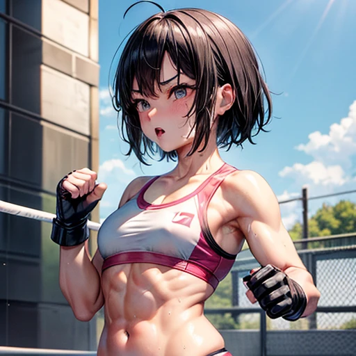 Injured Japanese female high school mixed martial artist during a match in the ring。Short black hair。Taking a fighting pose、Glaring at someone。Rin々A funny expression。Drenched in sweat。A well-trained body。Six Pack Abs。Small breasts。Erect nipples。White and pink sports bra、Bikini Shorts。Open Finger Gloves。