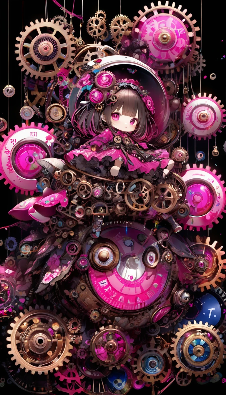 best quality, super fine, 16k, 2.5D, delicate and dynamic depiction, large gears of different colors, meshing together in various sizes, fluorescent pink and fluorescent grain digital number patterns, the gears and digital numbers work together to create a new worldview, a colorful dark fantasy, beautiful Karakuri dolls, Karakuri effects, slow motion effects, stop motion effects