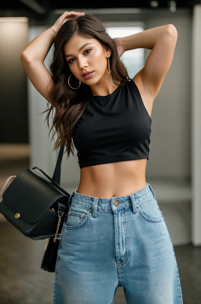 Realistic photo of a beautiful ursul4c-v1 woman,  1girl, solo, long hair, brown hair, shirt, navel, brown eyes, jewelry, cowboy shot, earrings, midriff, pants, bag, arms up, lips, crop top, black pants, denim, letterboxed, arms behind head, jeans, hoop earrings, handbag, realistic, soft lighting, professional Photography, Photorealistic, detailed, RAW, analog, sharp focus, 8k, HD, DSLR, high quality, Fujifilm XT3, film grain, award winning, masterpiece