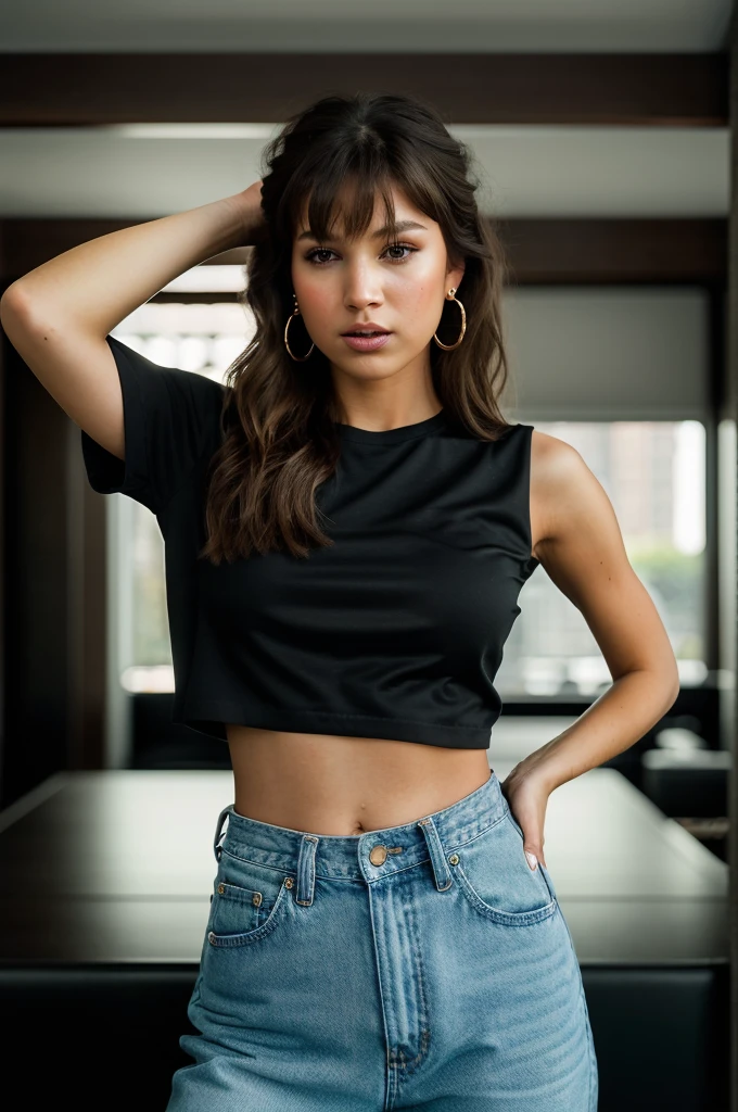 Realistic photo of a beautiful ursul4c-v1 woman,  1girl, solo, long hair, brown hair, shirt, navel, brown eyes, jewelry, cowboy shot, earrings, midriff, pants, bag, arms up, lips, crop top, black pants, denim, letterboxed, arms behind head, jeans, hoop earrings, handbag, realistic, soft lighting, professional Photography, Photorealistic, detailed, RAW, analog, sharp focus, 8k, HD, DSLR, high quality, Fujifilm XT3, film grain, award winning, masterpiece