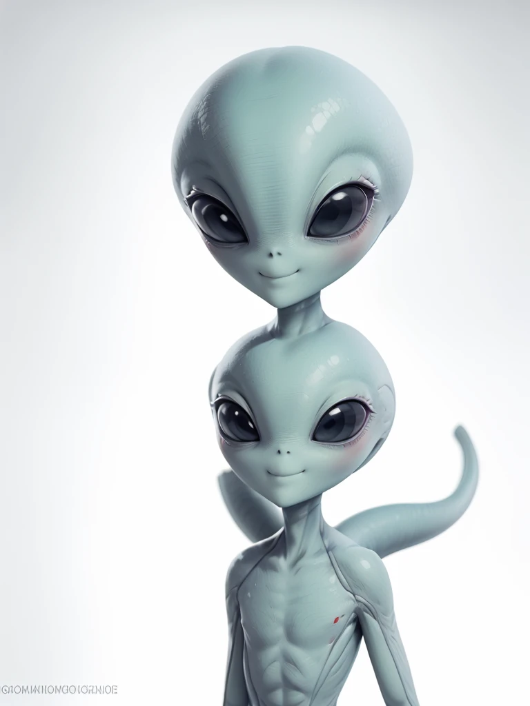 (((Masterpiece))), (high quality),(one alien girl:1.2), ,(innocent smile),(big light black eyes:1.5),5 heads,(Skinhead,Gray aliens,Large, dark, almond-shaped eyes,:1.5),(No hair, no whites, no ears:1.5),Wearing a silver body-fitting suit,Plain background,from below