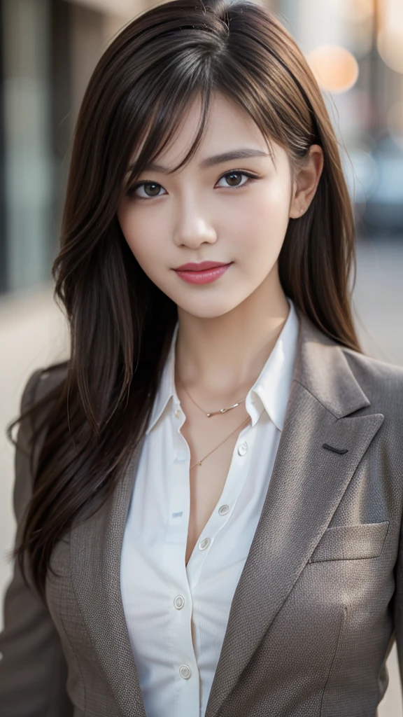 table top, highest quality, realistic, super detailed, finely, High resolution, 8k wallpaper, 1 beautiful woman,, light brown messy hair, wearing a business suit, sharp focus, perfect dynamic composition, beautiful and fine eyes, fine hair, Detailed realistic skin texture, smile, close-up portrait, model body shape