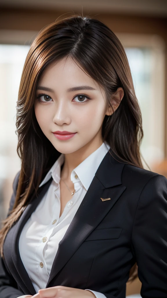 table top, highest quality, realistic, super detailed, finely, High resolution, 8k wallpaper, 1 beautiful woman,, light brown messy hair, wearing a business suit, sharp focus, perfect dynamic composition, beautiful and fine eyes, fine hair, Detailed realistic skin texture, smile, close-up portrait, model body shape