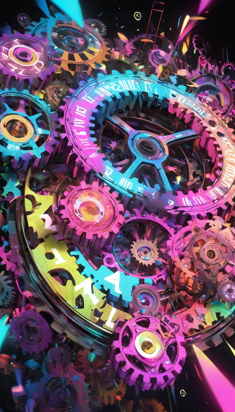 best quality, super fine, 16k, 2.5D, delicate and dynamic depiction, large gears of different colors, meshing together in various sizes, fluorescent pink and fluorescent grain digital number patterns, the gears and digital numbers work together to create a new worldview, a colorful dark fantasy, beautiful Karakuri dolls, Karakuri effects, slow motion effects, stop motion effects