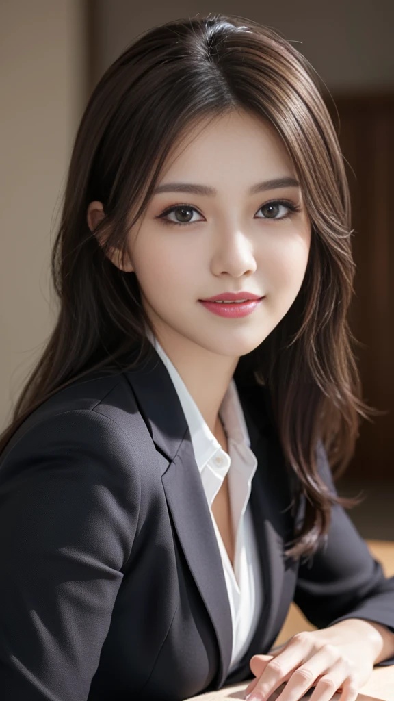 table top, highest quality, realistic, super detailed, finely, High resolution, 8k wallpaper, 1 beautiful woman,, light brown messy hair, wearing a business suit, sharp focus, perfect dynamic composition, beautiful and fine eyes, fine hair, Detailed realistic skin texture, smile, close-up portrait, model body shape