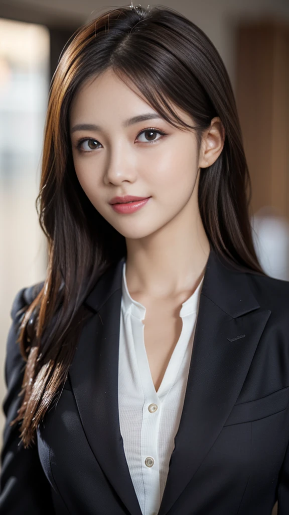table top, highest quality, realistic, super detailed, finely, High resolution, 8k wallpaper, 1 beautiful woman,, light brown messy hair, wearing a business suit, sharp focus, perfect dynamic composition, beautiful and fine eyes, fine hair, Detailed realistic skin texture, smile, close-up portrait, model body shape