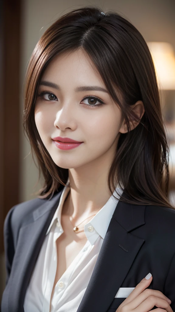 table top, highest quality, realistic, super detailed, finely, High resolution, 8k wallpaper, 1 beautiful woman,, light brown messy hair, wearing a business suit, sharp focus, perfect dynamic composition, beautiful and fine eyes, fine hair, Detailed realistic skin texture, smile, close-up portrait, model body shape