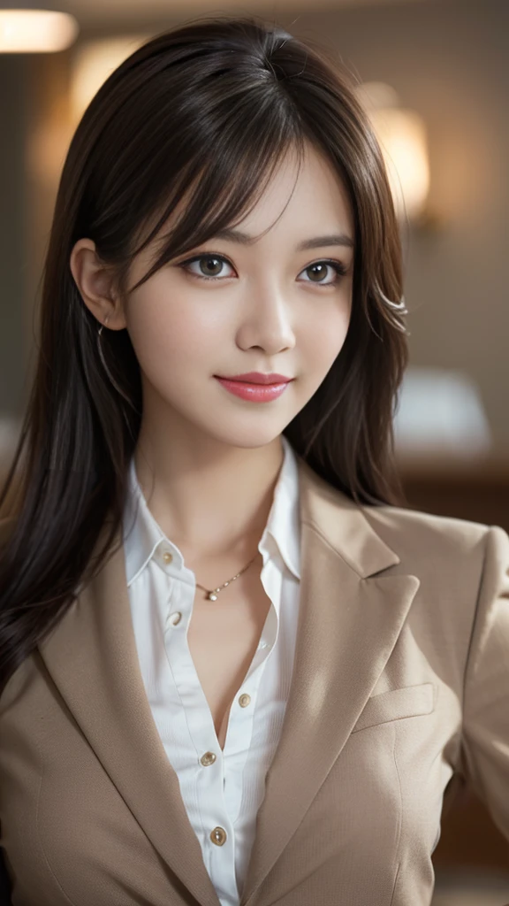 table top, highest quality, realistic, super detailed, finely, High resolution, 8k wallpaper, 1 beautiful woman,, light brown messy hair, wearing a business suit, sharp focus, perfect dynamic composition, beautiful and fine eyes, fine hair, Detailed realistic skin texture, smile, close-up portrait, model body shape