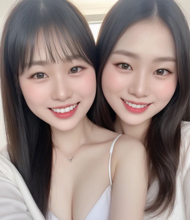 (realistic、masterpiece、Best Quality、8K、highres、high resolution:1.3)、2 girl in white lingersuits posing for a picture, with a twin, two girls, twins, beautiful twins portrait, ulzzang, beautiful gemini twins, adult pair of twins, bbwchan, milky white skin, good young girl, Huge breasts、smile, white bikini、looking at viewers、super fine face and eyes、long hair、indoor、 upper body、