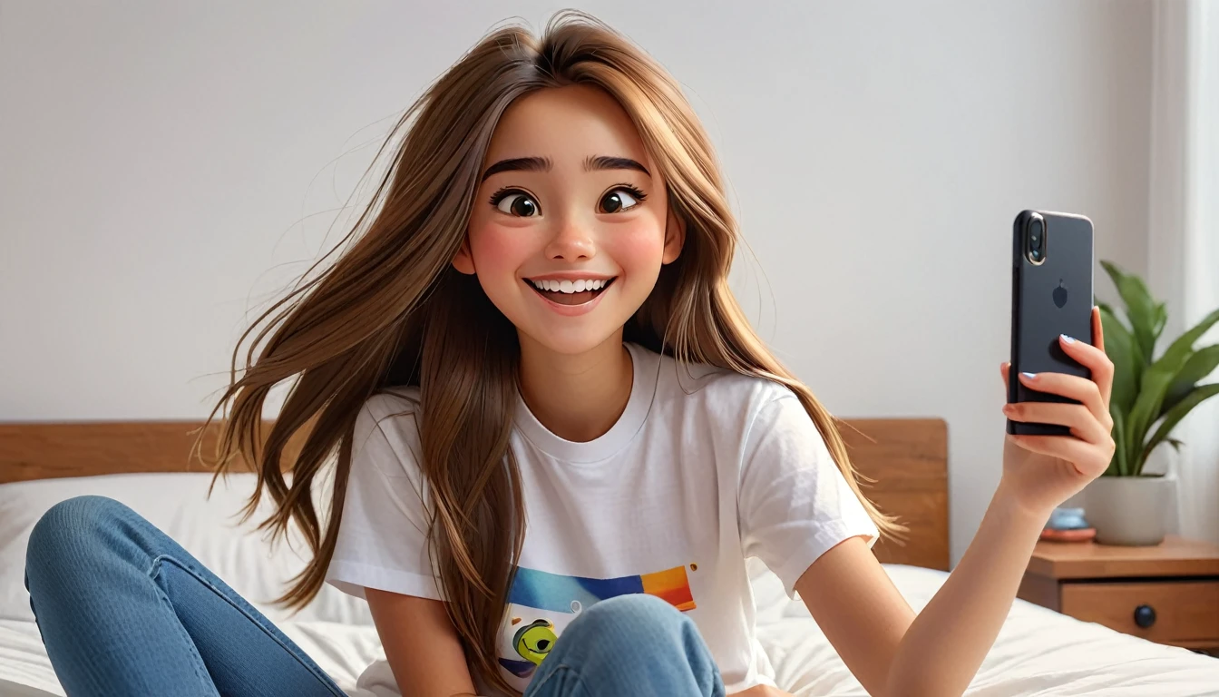 ((masterpiece, best quality)), award winning, 4k, 8k, simple background, photography, visible face, (one girl), 20 years old, age girl with a cheerful and playful demeanor. She has long, straight hair, a simple white plain t-shirt and denim. sitting in bed, taking selfie. Pixar Character.