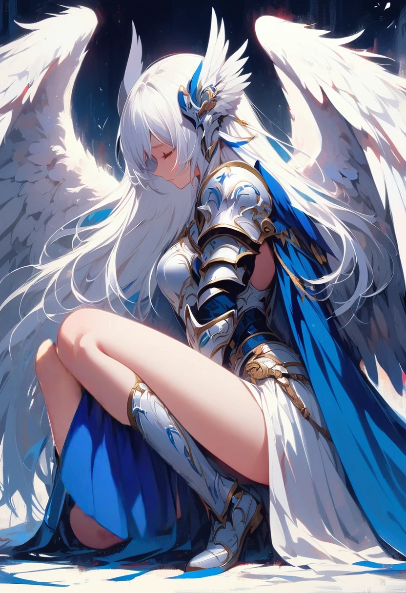 Japanese cartoons, Angel, woman, White hair, wing, Blue Dress, White hair, White wing, White hair, White wing, White hair, wing, White, Angel knight girl, Japanese cartoons art wallpaper 4k, Japanese cartoons art wallpaper 4 k, Japanese cartoons art wallpaper 8 k, beautiful fantasy Japanese cartoons, Winged Armor Horn, Angelic wing on her back, full - body majestic Angel
