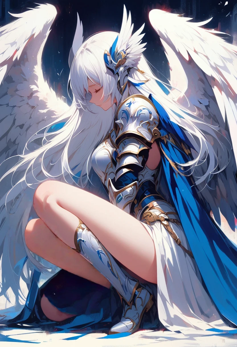 Japanese cartoons, Angel, woman, White hair, wing, Blue Dress, White hair, White wing, White hair, White wing, White hair, wing, White, Angel knight girl, Japanese cartoons art wallpaper 4k, Japanese cartoons art wallpaper 4 k, Japanese cartoons art wallpaper 8 k, beautiful fantasy Japanese cartoons, Winged Armor Horn, Angelic wing on her back, full - body majestic Angel