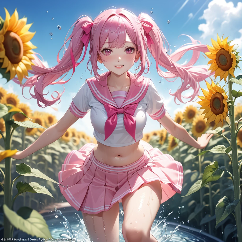 (8K, masutepiece, Best Quality, Official art, beautiful detailed, beautiful lighting, best masterpiece in history that exceeds limits), (1 Girl, Solo), (), (beautiful detailed face), (shiny white skin), (Beautiful big bust:1.3), (thighs, navel:1.2), (beautiful detailed pink twin tails hair, Bangs:1.3), (beautiful detailed drooping pink eyes:1.5), (high , wet:1.3), (patsel pink sailor collar, white short sleeves short length outing shirt, pastel pink pleated skirt, patsel pink ribbon:1.3), (happy smile:1.2), (Attractive, Look at the camera, cute pose), breathtaking scenery, (ultra detailed realistic Beautiful field of sunflowers, blue sky, summer, water gun, water splash:1.2),