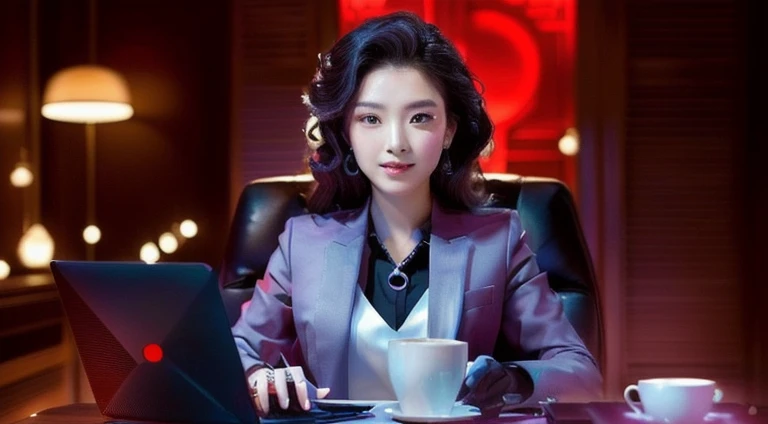 A Chinese lady sitting at the table，Laptop and cup of coffee in hand, Girl in a suit, Female Merchant, Girl in a suit, Wearing a suit的女人, young Female Merchant, Office Clothing, Sitting at the desk, Wearing a serious suit, Wearing a suit, High quality portrait, Sitting in front, Professional Profile Picture, Attractive woman
