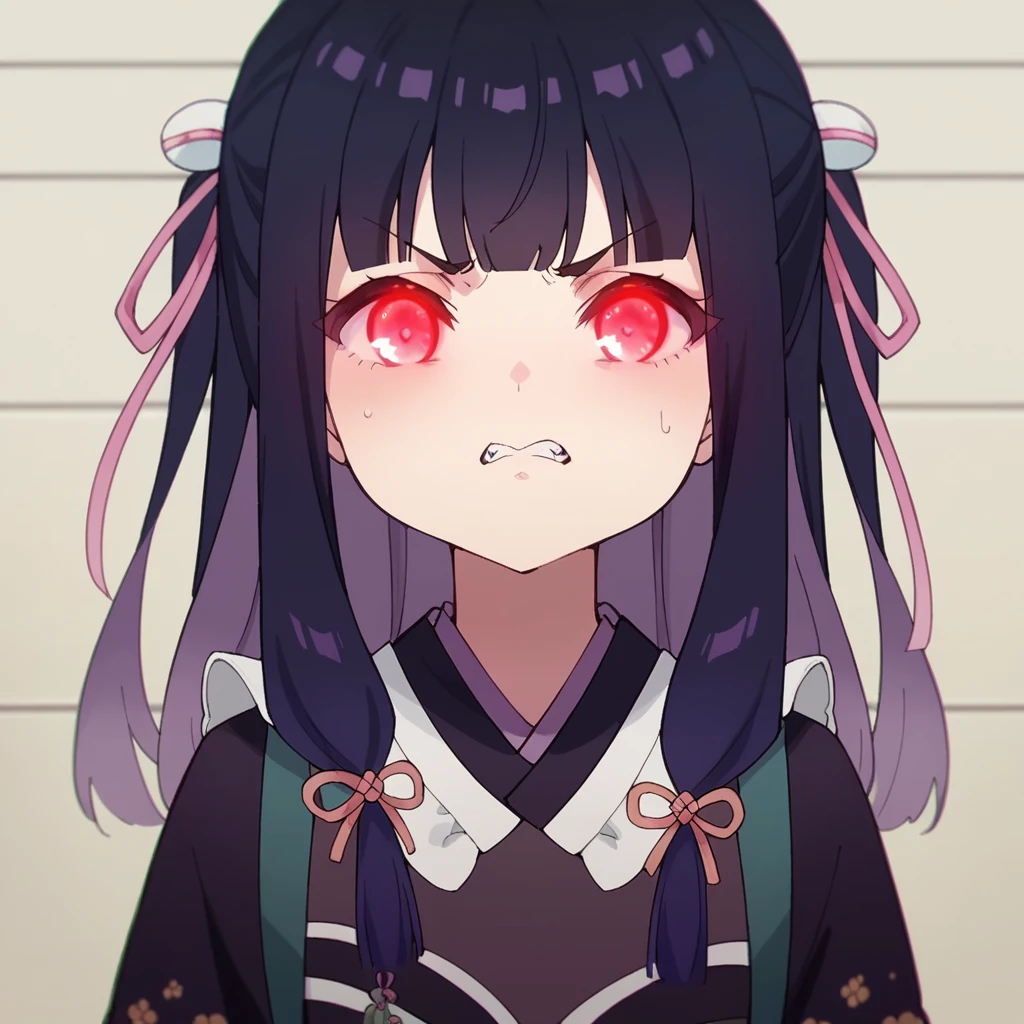 a result_9, a result_8_higher, a result_7_higher, h41k4,1girl,Single, Kimono, decor, Angry face, Red eyes,Glowing eyes