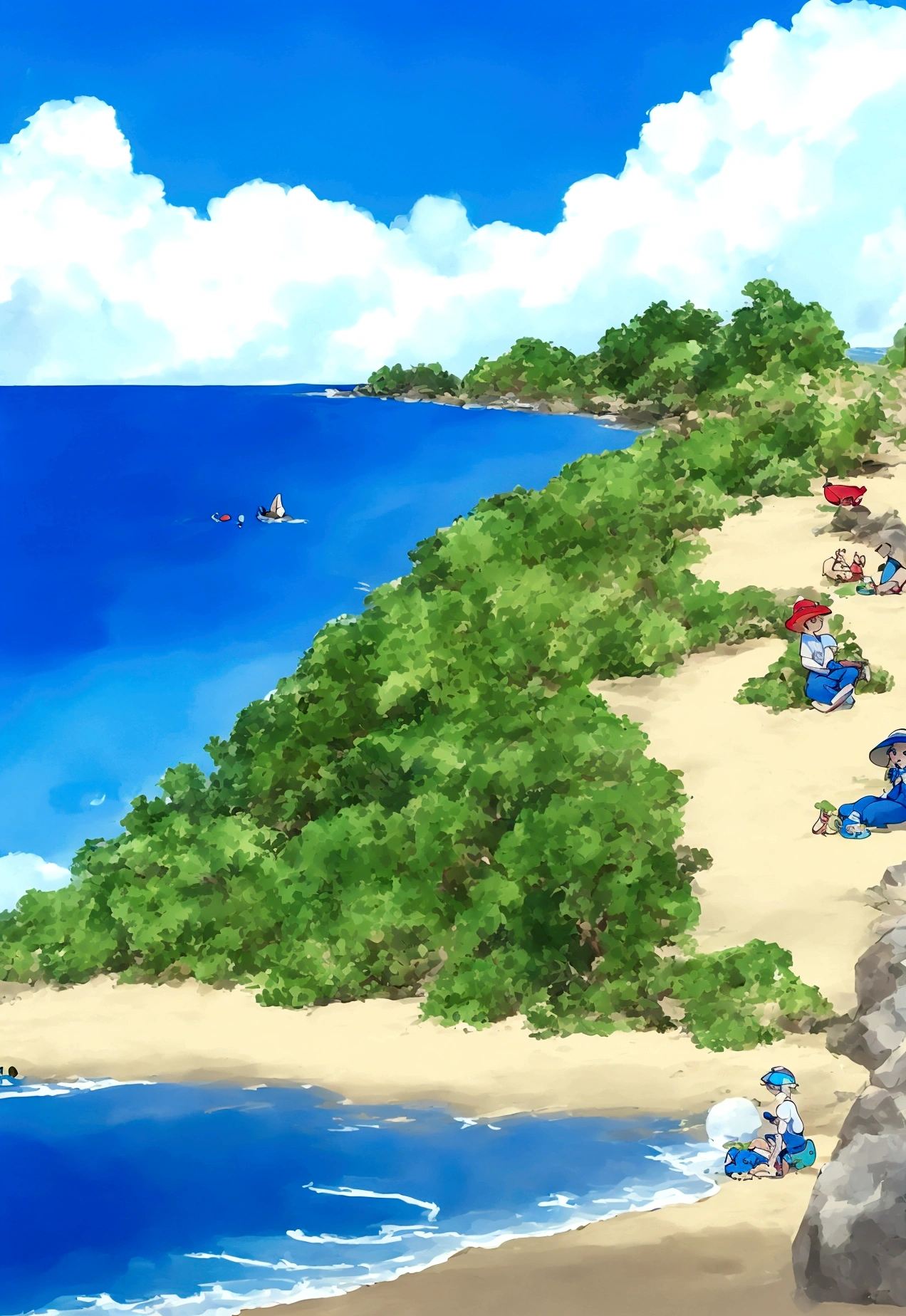 A boy in blue pants sitting on the beach with a magical creature and enjoying the view of beach the magical creature is red in color and it looks like a frog and has big eyes small legs and the boy and frog are sitting peacefully on a beach