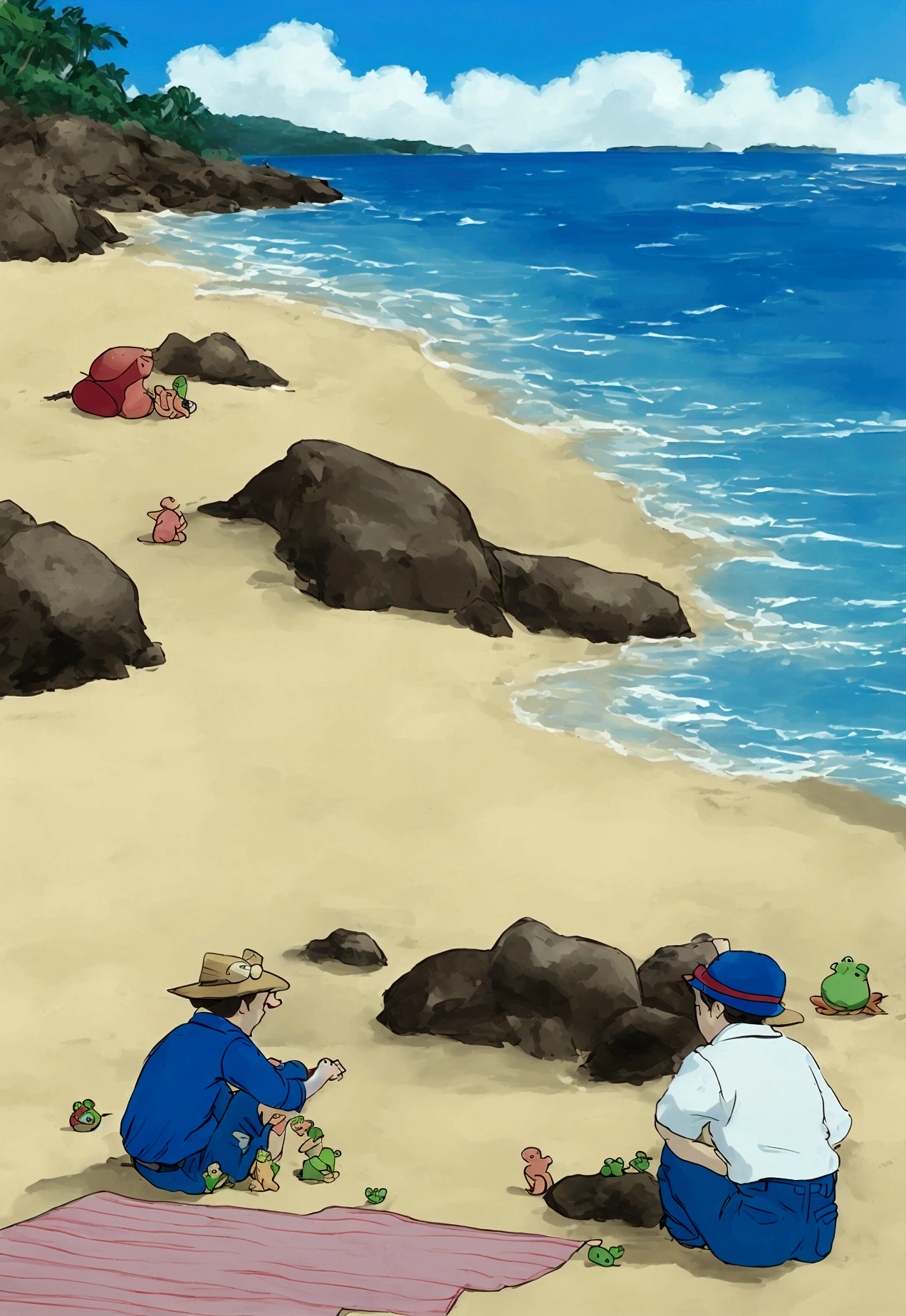 A boy in blue pants sitting on the beach with a magical creature and enjoying the view of beach the magical creature is red in color and it looks like a frog and has big eyes small legs and the boy and frog are sitting peacefully on a beach 