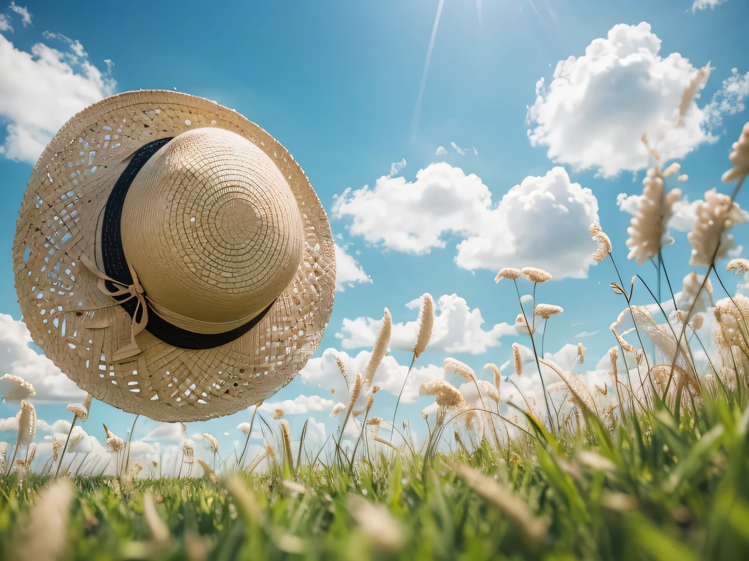 (Straw hat fluttering in the wind:1.3), Meadow and blue sky, (Angle from below:1.3), Smooth, Highly detailed CG composite 8K wallpaper, High-resolution RAW color photos, Professional photography, Light, BackLight, dream-like, impressive, Written boundary depth