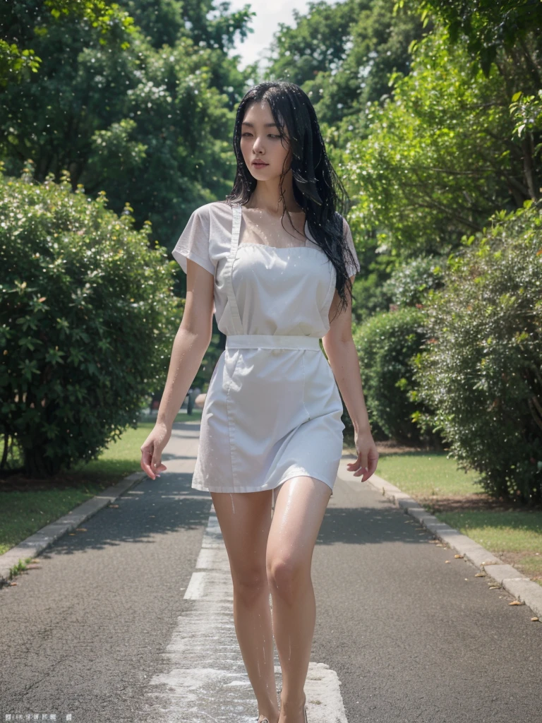 a beautiful taiwanese woman,long black hair,white apron wet with water,walking gracefully,asphalt road,large shady trees,blurred bokeh background,(best quality,4k,8k,highres,masterpiece:1.2),ultra-detailed,(realistic,photorealistic,photo-realistic:1.37),UHD,16k