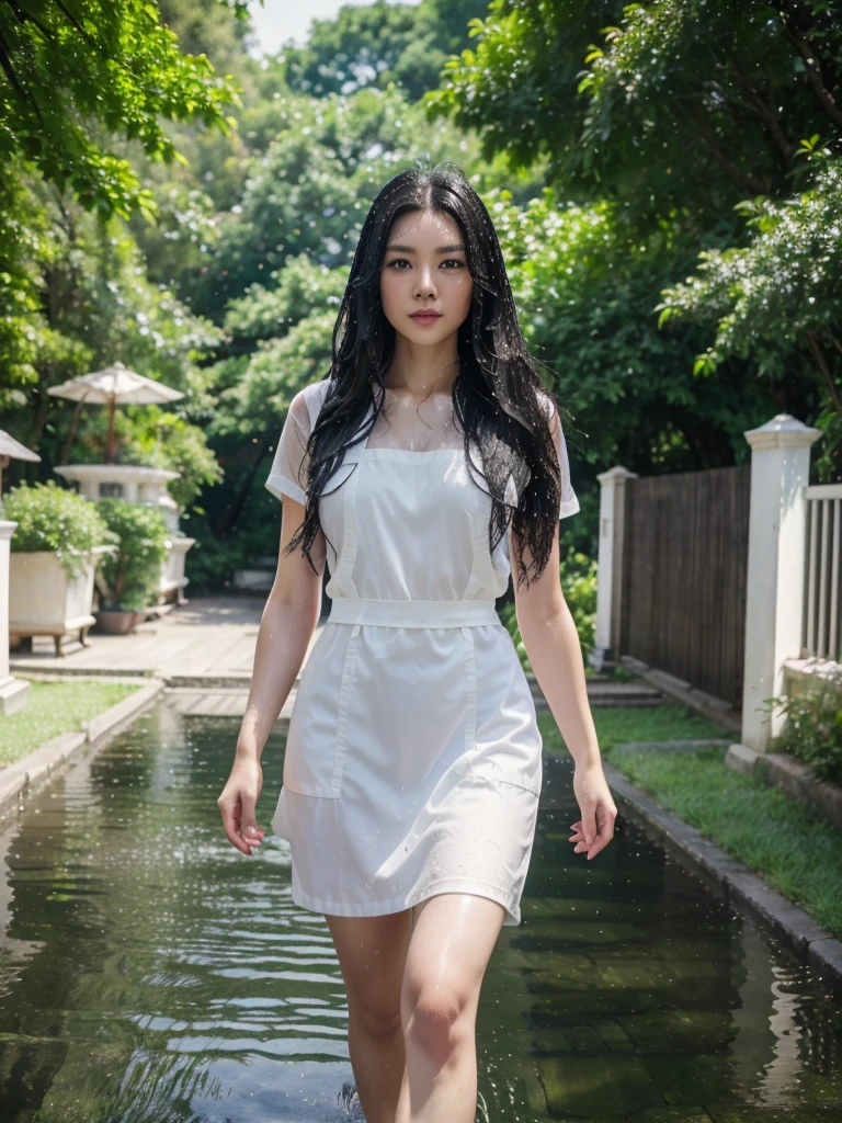 a beautiful taiwanese woman,long black hair,white apron wet with water,walking gracefully,asphalt road,large shady trees,blurred bokeh background,(best quality,4k,8k,highres,masterpiece:1.2),ultra-detailed,(realistic,photorealistic,photo-realistic:1.37),UHD,16k