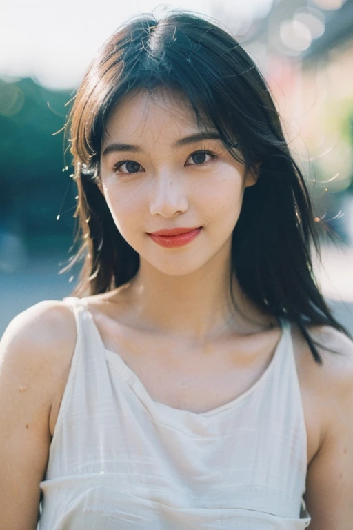 (Close-up of upper body:1.6), (Eye contact:1.4), (Skin texture:1.3), (Light focusing:1.5), (Smile Details:1.4), (lip color:1.2), (Eyebrow line:1.1), (Eyelash shadow:1.0), (Rosy cheeks:1.3), (Hair shine:1.2), (Neck curve:1.0), (Earring embellishment:1.1), (Eyeshadow Layers:1.2), (Nose bridge highlight:1.1), (Chin contour:1.0), (Natural facial expression:1.4), (Shooting angle:1.3), (blur background:1.5), (Sharp focus:1.4), (Color saturation:1.2), (Emotional transmission:1.5), (Detail capture:1.3), (Balanced composition:1.2), (Light and shadow contrast:1.3), (The skin texture is delicate:1.4), (Exquisite makeup:1.2), (Eye contact communication:1.5), (facial expression:1.4), (Lens selection:1.3), (Exposure control:1.2), (Depth of Field Effect:1.4), (Shooting tips:1.3), (Post-production color grading:1.2), (model pose:1.3), (Photographer's perspective:1.2), (Highlight the theme:1.5), (Emotional expression:1.4), (visual impact:1.3), (Artistic Expression:1.4),((Medium-length hair))(()),Smile