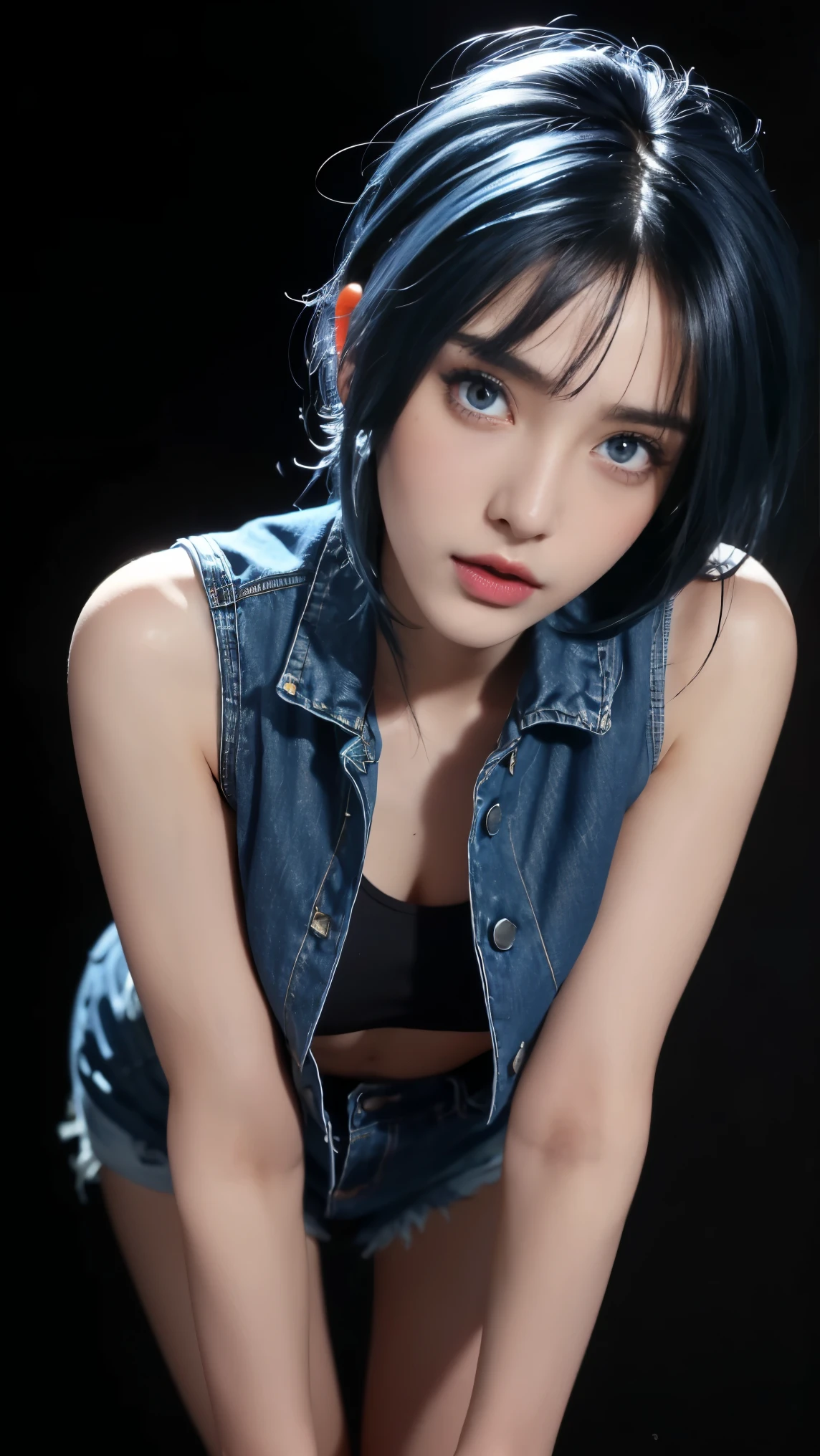 8K, Top Quality, Intricate Details, Ultra Detail, Ultra High Resolution, Masterpiece, close up shot, (full body: 1.1), Slender, Smile, (Makeup: 0.4), ((sexy pose,)), (Fluffy blue Eyes: 1.21), (()), 1girl, solo, 1 girl, ((blue hair, bangs, very long hair, )), close up shot, , ((tall)), (((fit body))), (((slim face))), sharp face, (( )) , (detailed face), sharp face, small lips, perfect hands, (()) ((, )), , ((open mini vest, torn denim, denim mini short,)), detailed face, detailed breast,, huge breast , ((detailed nipples)), detail ass, Narrow Waist, Skinny, tall , 175 cm tall, Muscular, Navel, Exposed Abdomen, Pointed Chest,, Beautiful girl with accentuated slender abs: 1.4, Six Pack Abs: 1.4, Bust Botox, Big, Perfect Body, detail leg, (( dark background)), black background,