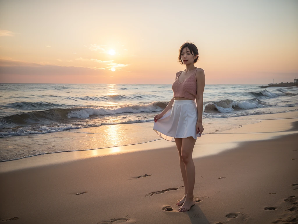 Full body photo of a beautiful 46-year-old Korean woman, Chest size 34 inches, Wear a rolled-up sleeveless top, light and pale white skirt, sunset red light on the beach,afterglow of the sea beach beach sunset red sun,A strong lingering scent is reflected in the sea., Beautiful 46-year-old short Korean woman, Short medium hair blowing in the wind,Full-body photo taken from afar with a wide-angle lens, The background of the waves is clean and perfect.., waves moved by the wind, best high definition