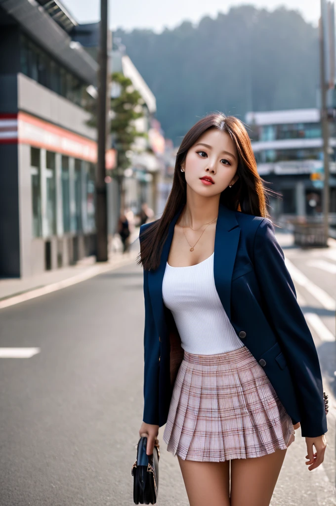 a 19 year old girl, she is the most beautiful actress in the world, the perfect body proportions of this girl, her upper body within the formal shirt are clothed by the blazer that's closed to cover her navel area, her crotch area of the panties are hardly hidden by the short skirt, her bare legs, it's just front of her body in this photo, there are just no space of this photo above her head and below her shins, she is standing straight at the street, nsfw, best quality, highly detailed, masterpiece, ultra high res, photo realistic, 8k, RAW photo