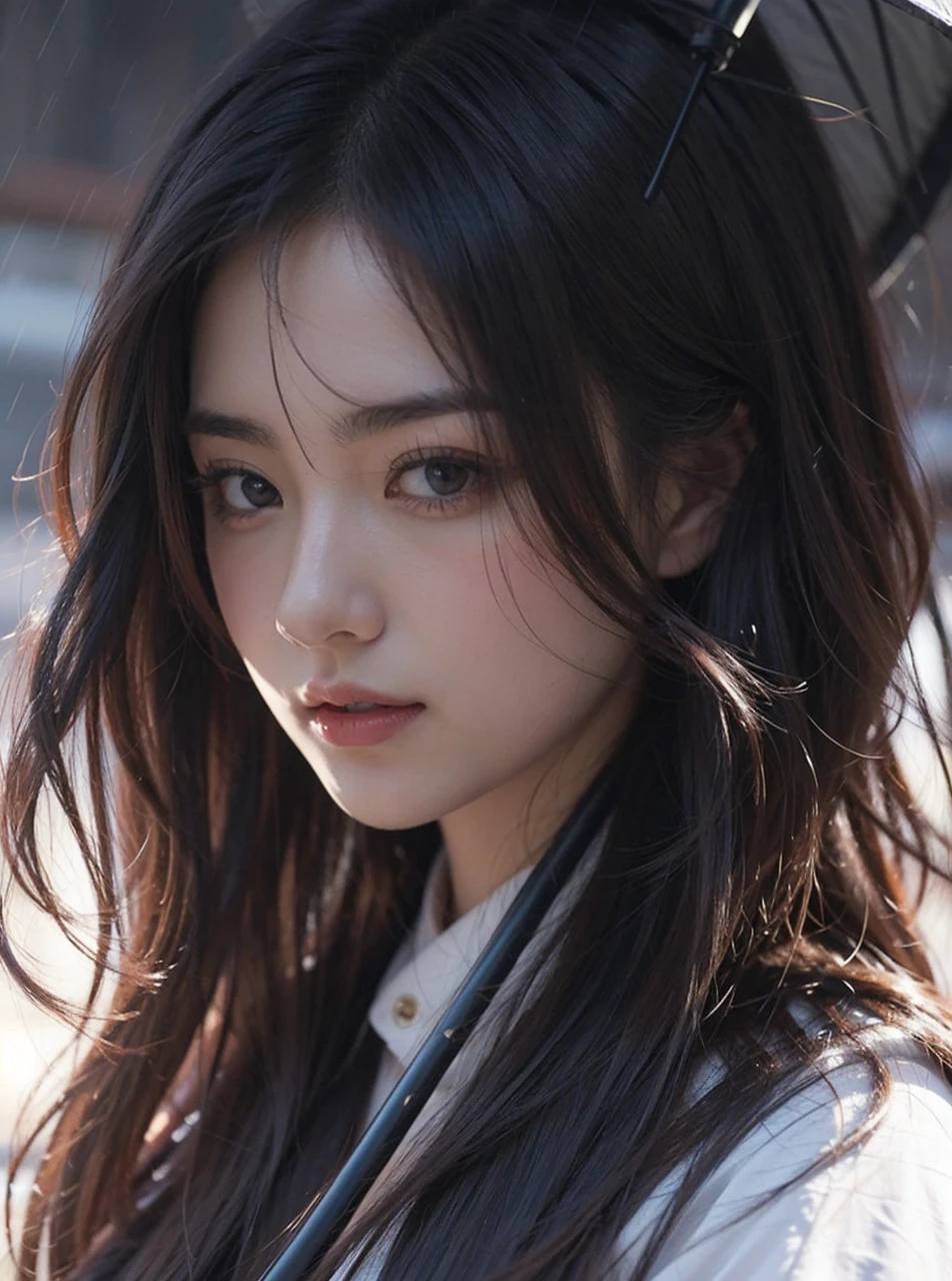 Beautiful Japanese waifu, brunette hair, holding a umbrella, in the rain