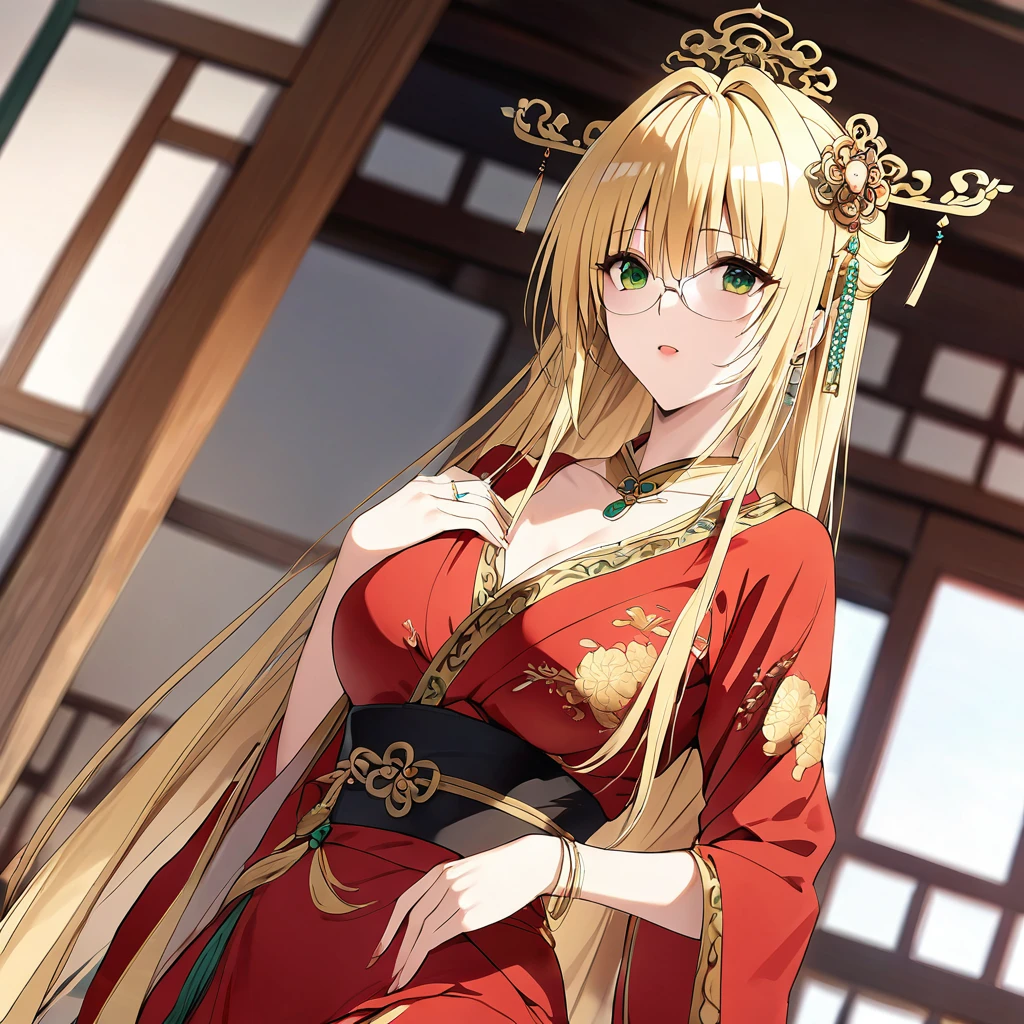 ((Highest quality)), ((masterpiece)), (detailed), (Perfect Face)、In a Chinese palace, a woman is wearing a Chinese Tianyi, a gorgeous and glittering red Hanfu with lots of gold embroidery, a gorgeous hair ornament, gorgeous jeweled accessories, and an engagement ring.、The woman is an elegant Chinese Tieryu with green eyes and medium-long blonde hair. She is wearing a red Hanfu with gorgeous gold embroidery all over it.