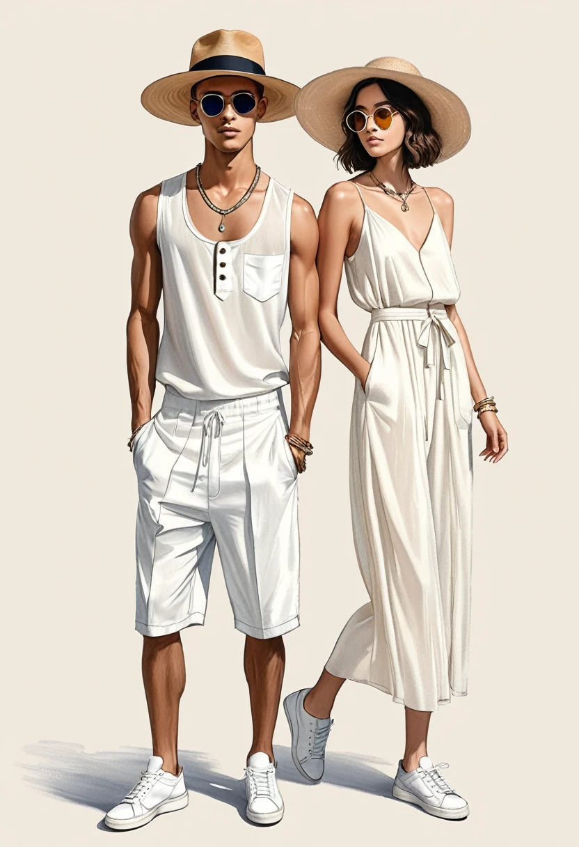 candid fashion illustration of young Mixed race man and woman, both aged 22 year old, ((showcase fashion look book in a off-White outfits)), inspired by Saint Laurent Summer collection in elegant young bohemian style. The man wears an oversized short-sleeved bowling white shirt with a pocket details, paired with Regular-fit shorts in airy linen with covered and a concealed drawstring at the waist, a fake fly, side pockets and welt back pockets. Fabric made from linen is breathable, beautiful both ironed and wrinkled, He completes his look with white sneakers, round sunglasses and bracelet. The woman complements him in a white Ankle-length dress, Calf-length, sleeveless dress in woven fabric featuring a round, frill-trimmed neckline and a keyhole opening with minimal detail, Her ensemble includes an accessorizes with a wide-brimmed straw hat, white sneakers, Captured in a dynamic angle, ((full-body image)), ((pastel color background)), sketching, realistic pencil lines, imperfect drawing, fading sketch, fashion look book, fashion illustrator, sketch design,