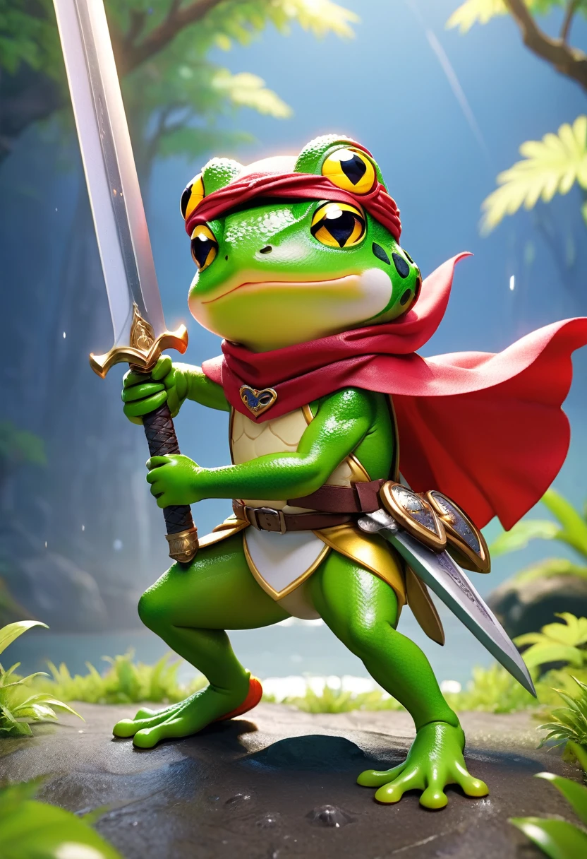 Esbian all over、Cool Frog、Pop Frog、Diorama、Simple Background、bandana、Holding a big sword in his hand、Brave、Cape、Best Quality, Capture the cutest moments, Depth of written boundary, Super detailed, Ultra-high resolution, Octadale, 8k, 16km race