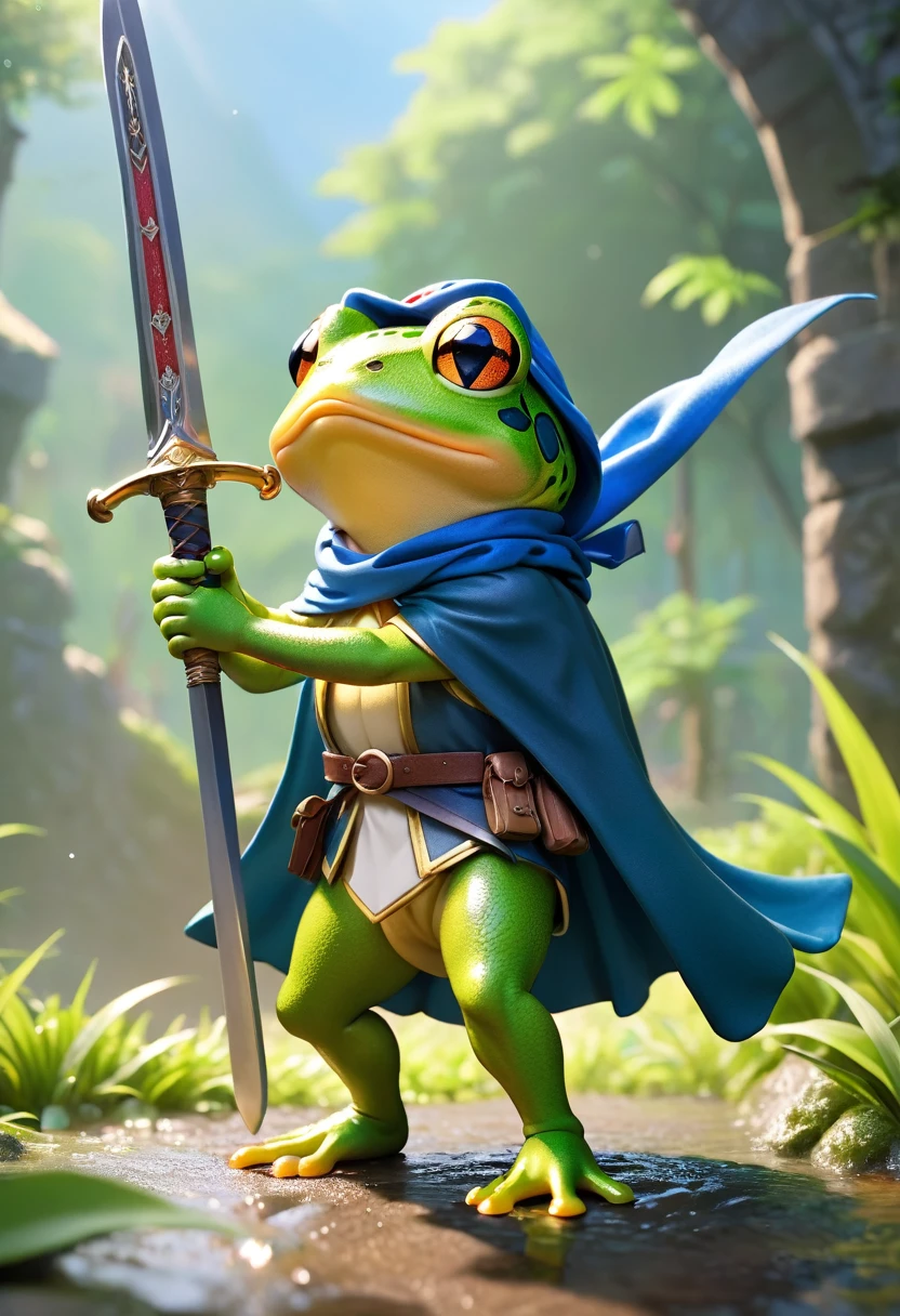 Esbian all over、Cool Frog、Pop Frog、Diorama、Simple Background、bandana、Holding a big sword in his hand、Brave、Cape、Best Quality, Capture the cutest moments, Depth of written boundary, Super detailed, Ultra-high resolution, Octadale, 8k, 16km race