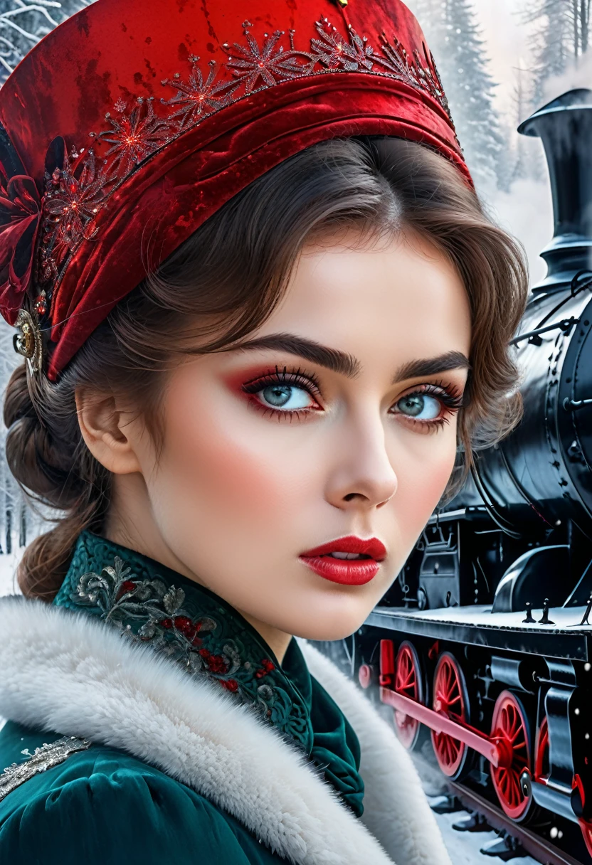 fantasy ,collage , sad Anna Karenina's face,actress Tatyana Samoilova,19th century lady,steam locomotive, rails,winter ,forest,,red splashes,huge eyes,long eyelashes,sparkle in the eyes, clear drawing intriguingly, photorealism,32k,colorful. double exposure