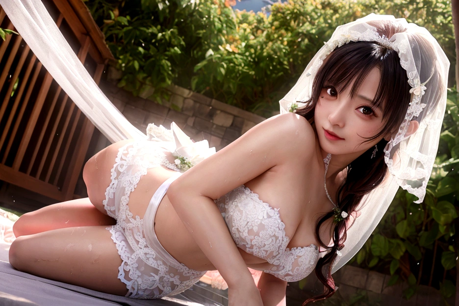 look up, 8K, masterpiece, Most detailed, Highest quality,, create a sense of fit, Cute Girls,Side Tail, (Wet),Sun light,((wedding)),pubic hair,Veil,(((bride))),((show off)),(ふっくらとしたNipples),Ecstatic expression,Outdoor,White lace,Nipples,Ample breasts,Saggy breasts,Hime cut,One female,Stick your butt out,Front lighting,hard core,