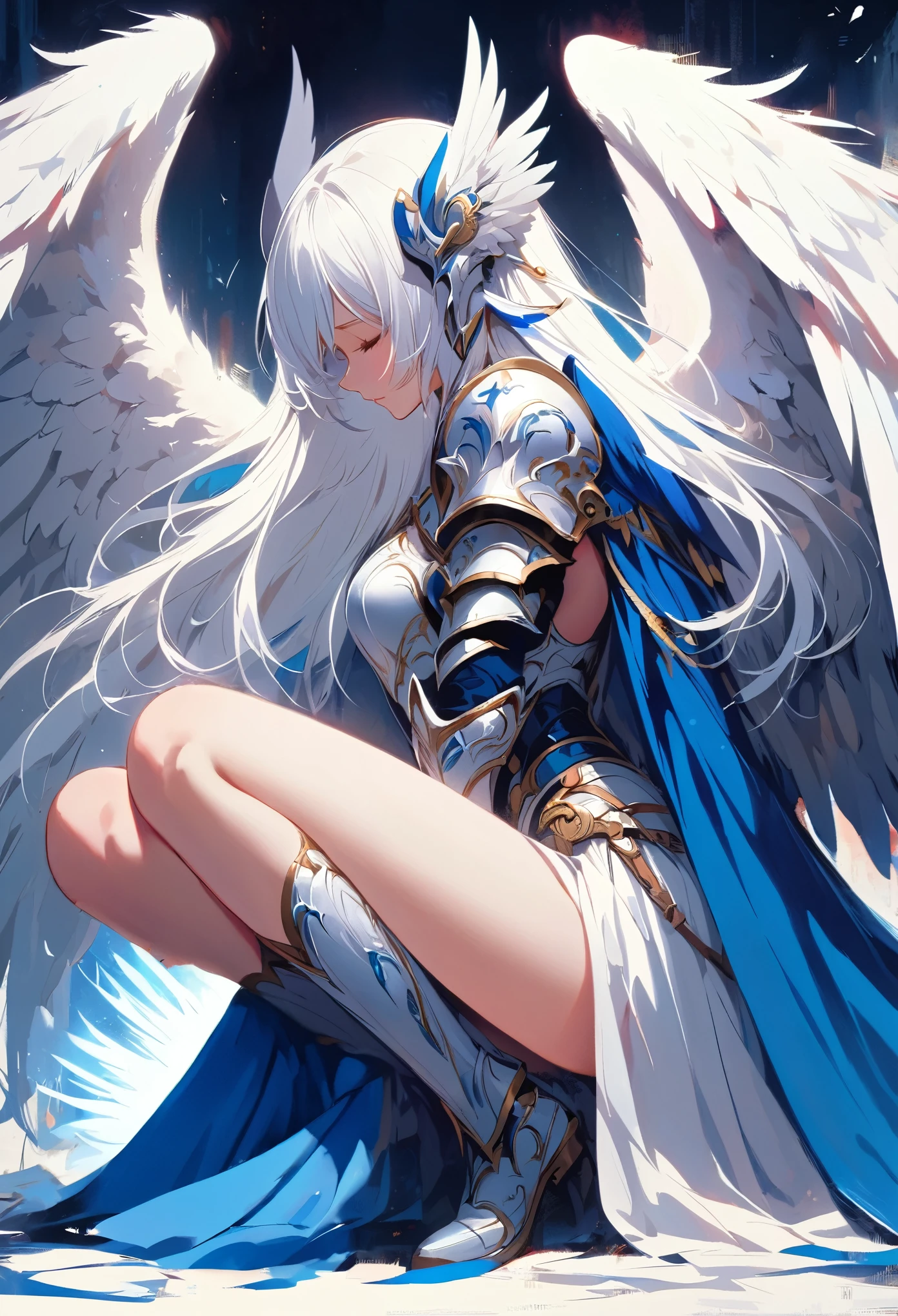 Japanese cartoons, Angel, woman, White hair, wing, Blue Dress, White hair, White wing, White hair, White wing, White hair, wing, White, Angel knight girl, Japanese cartoons art wallpaper 4k, Japanese cartoons art wallpaper 4 k, Japanese cartoons art wallpaper 8 k, beautiful fantasy Japanese cartoons, Winged Armor Horn, Angelic wing on her back, full - body majestic Angel