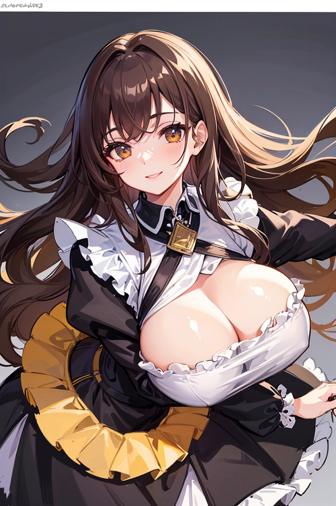 
Highest quality, shape, Very detailed, In detail, High resolution, 8k wallpaper, Perfect dynamic composition, Beautiful details, Center of chest, Natural color lip, Random sexy poses,smile,20-year-old girl,Huge , A woman with long wavy brown hair wearing a black dress and a white frilly apron